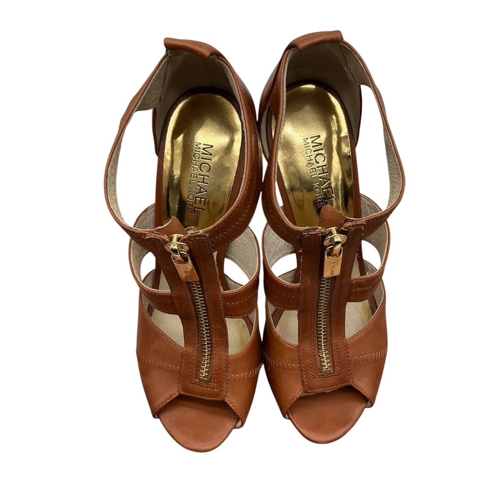 Michael Kors Tan Leather‎ Front Zip Platform Stiletto Sandals Womens 6.5M Y2K - Picture 3 of 9